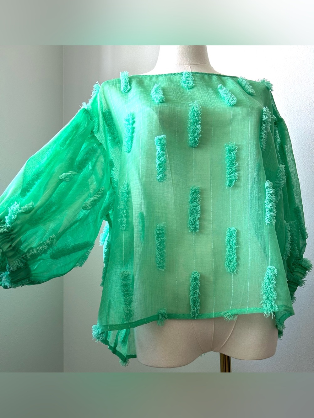 Zara Mint Green Bohemian Gauzy Sheer Textured Puff Sleeve Blouse Womens M